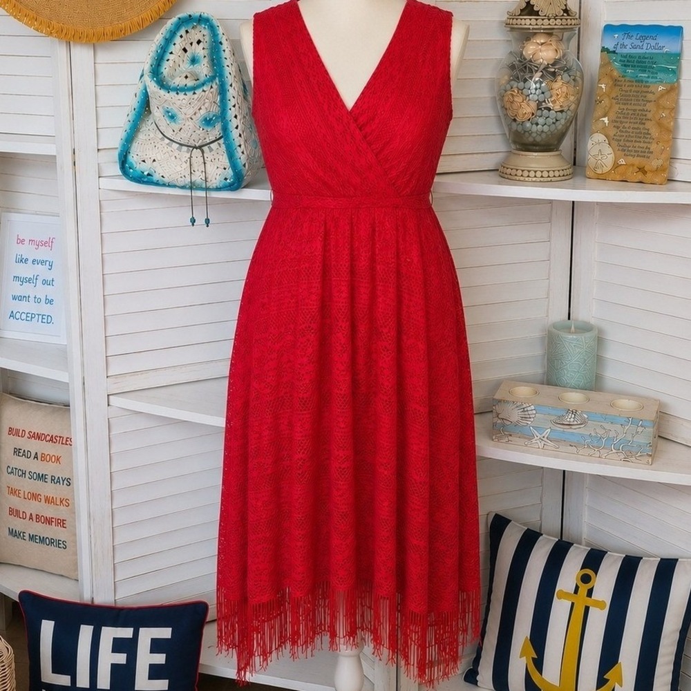 London Times Red Lace Fringe Midi Dress 20W V-Neck Sleeveless Plus Size Cocktail